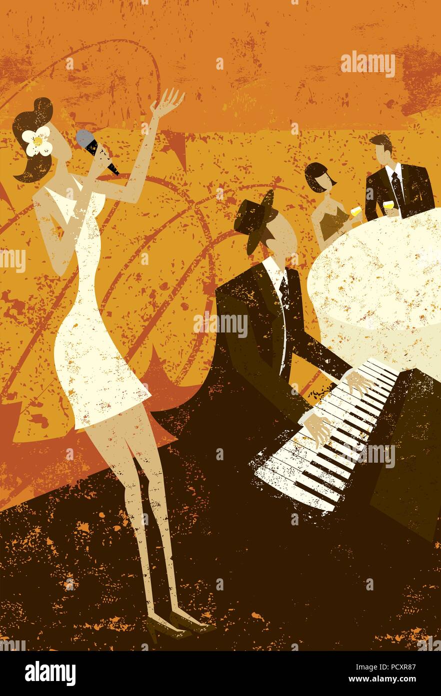 Club cantante un jazz club cantante con un pianoforte e un paio seduti ad un tavolo a bere un vino. Illustrazione Vettoriale