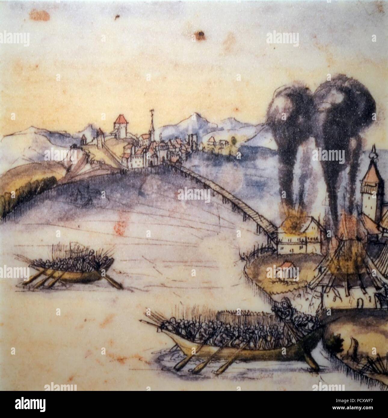 Alter Zürichkrieg - Rapperswiler stecken am 21. Mai 1443 Hurden nel marchio, Chronik Werner Schodoler, 1514 - Foto Stock
