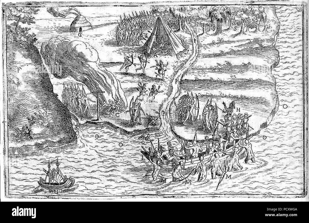 Alterco de Port Fortune entre Français et des Indiens Nauset, 1606. Foto Stock