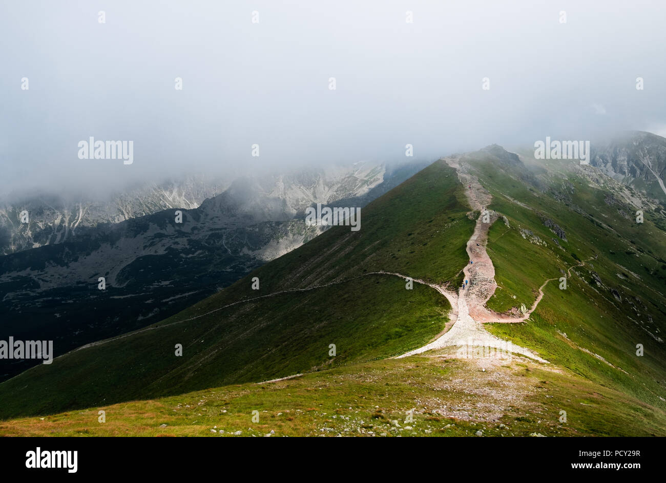 Scenic vista montagna con nuvole basse e bella luce al giorno di estate nel parco nazionale dei Alti Tatra, Polonia Foto Stock