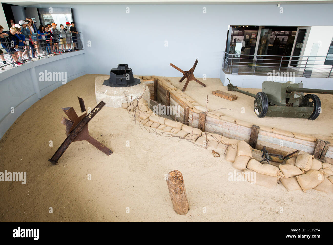 Le difese di un display in Utah beach D-Day Museum, Normandia, Francia. Foto Stock