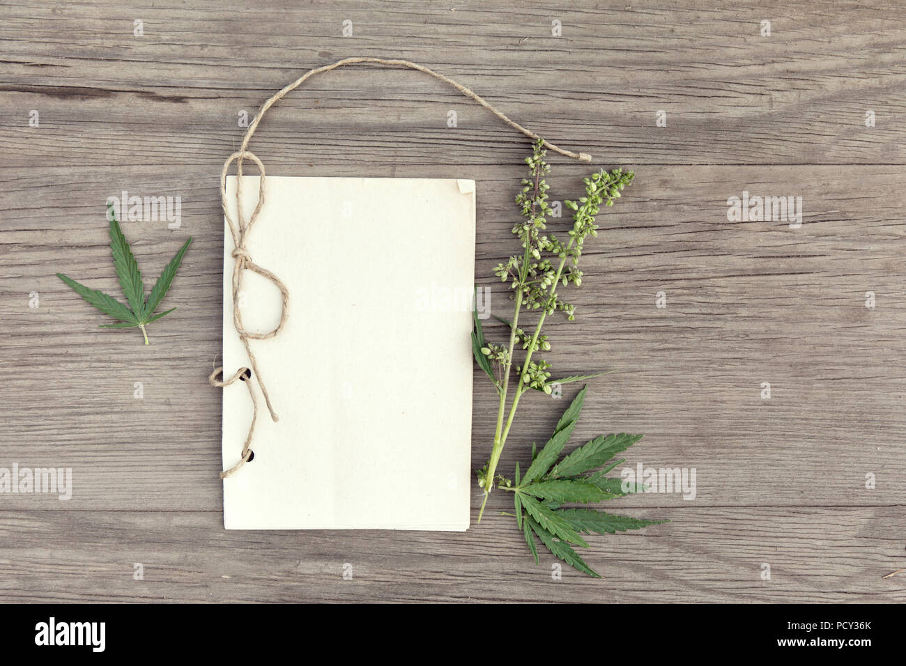La canapa foglie e fiori con artigianali fatti a mano notebook sul vecchio grunge sfondo di legno. Vista dall'alto. In stile minimalista mockup. Foto Stock