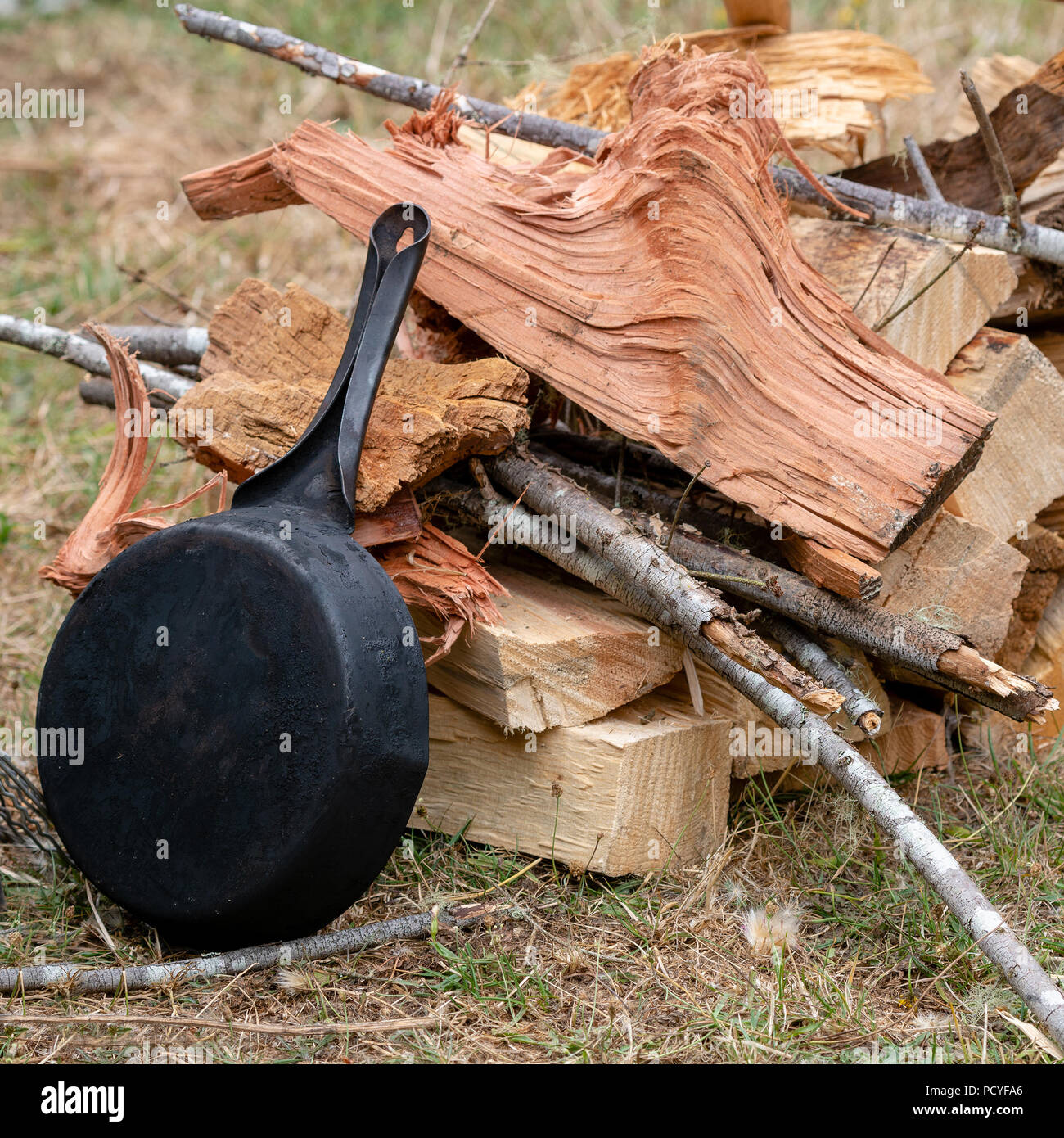 Una ghisa pan fuori contro la pila di legno suggerendo una situazione di campeggio o cucina outdoor Foto Stock