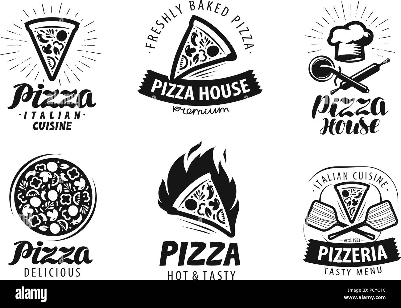 Pizza, pizzeria logo o etichetta. Cibo icon set. Illustrazione Vettoriale Illustrazione Vettoriale