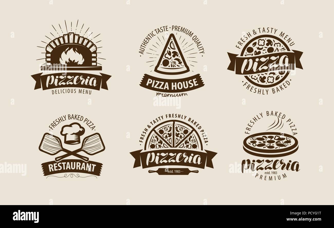 Pizza, pizzeria logo o etichetta. Il cibo il set di simboli. Illustrazione Vettoriale Illustrazione Vettoriale