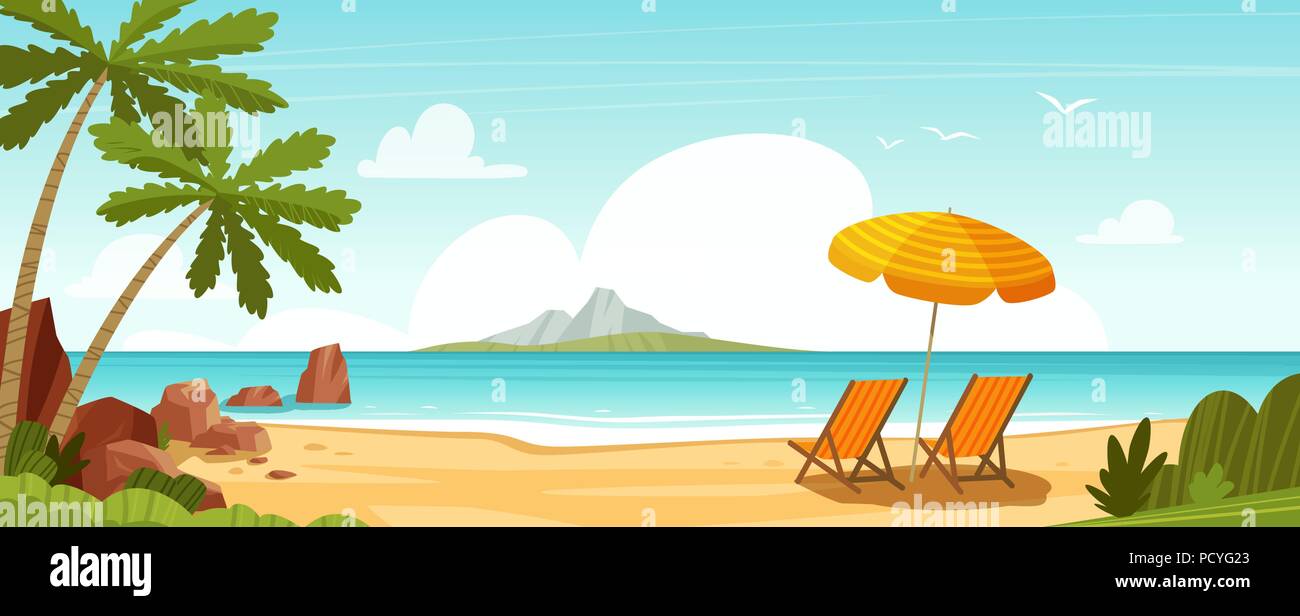 Spiaggia del mare e sedie a sdraio. Seascape, vacanze banner. Fumetto illustrazione vettoriale Illustrazione Vettoriale