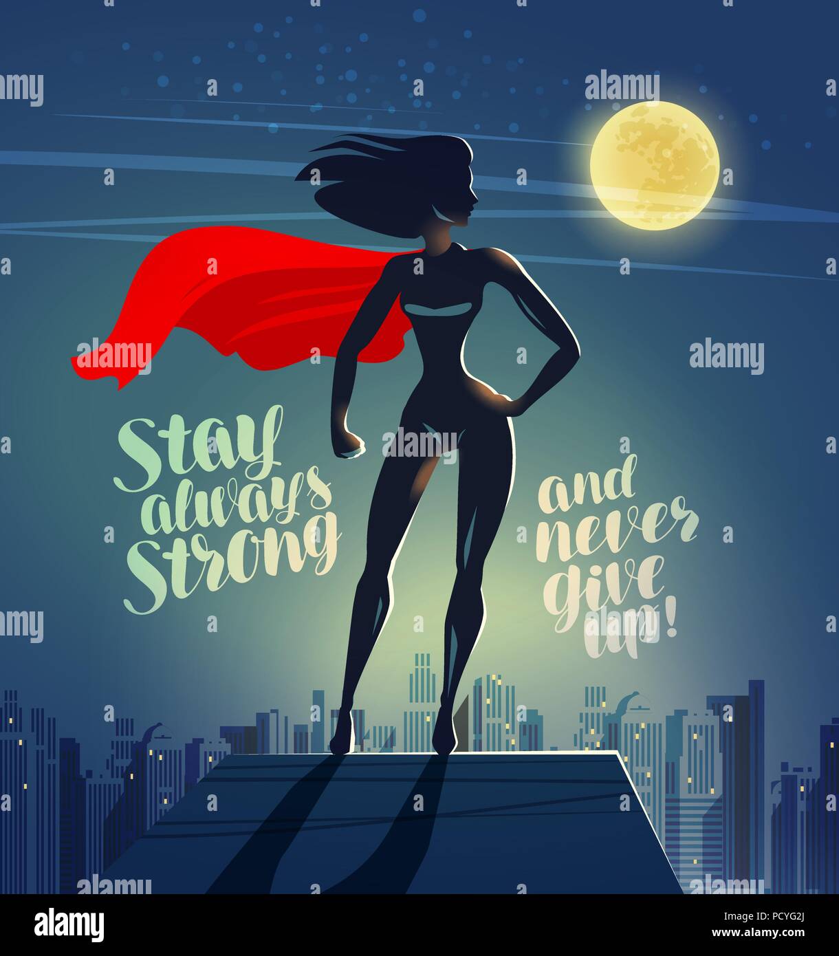 Il supereroe donna in piedi sul tetto di un grattacielo. Cartoon fumetti illustrazione vettoriale Illustrazione Vettoriale