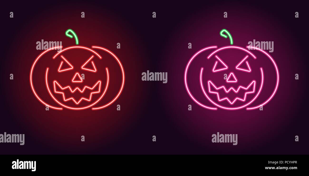 Il male di zucca al neon in rosso e rosa. Illustrazione Vettoriale icona della zucca di Halloween con il male sorriso in incandescente neon stile. Grafico illuminato elem Illustrazione Vettoriale