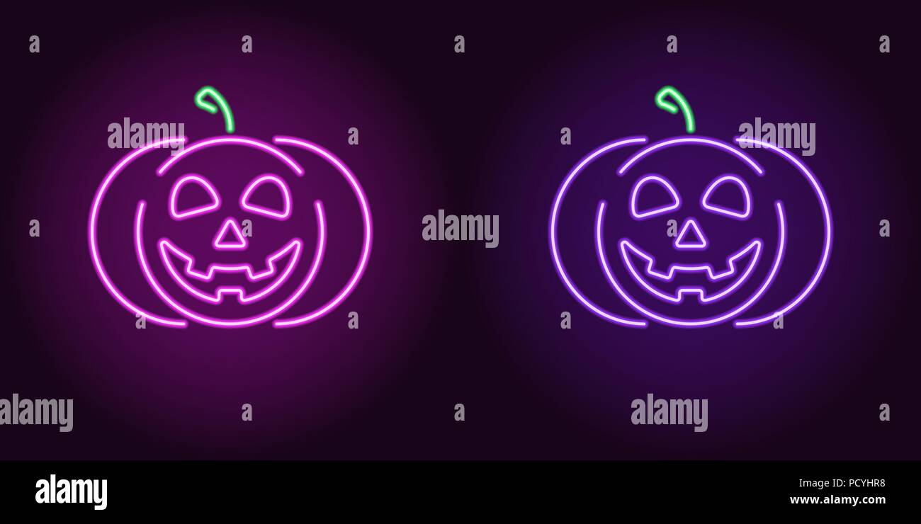 Tipo di zucca al neon di porpora e di colore viola. Illustrazione Vettoriale icona della zucca di Halloween con tipo sorriso in incandescente neon stile. Grafico illuminato Illustrazione Vettoriale