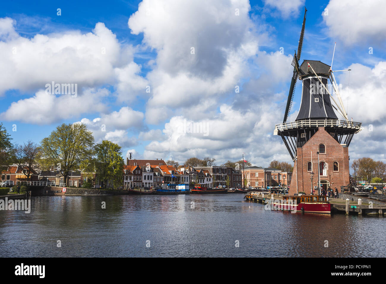 Mulino a vento De Adriaan riflessa nel fiume Spaarne Haarlem Olanda settentrionale dei Paesi Bassi Foto Stock