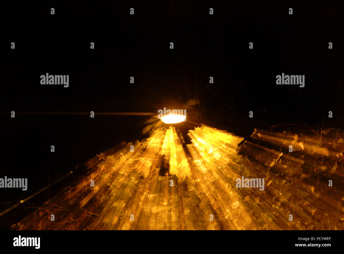 Lampione con motion blur e foglie, sogno, velocità Foto Stock