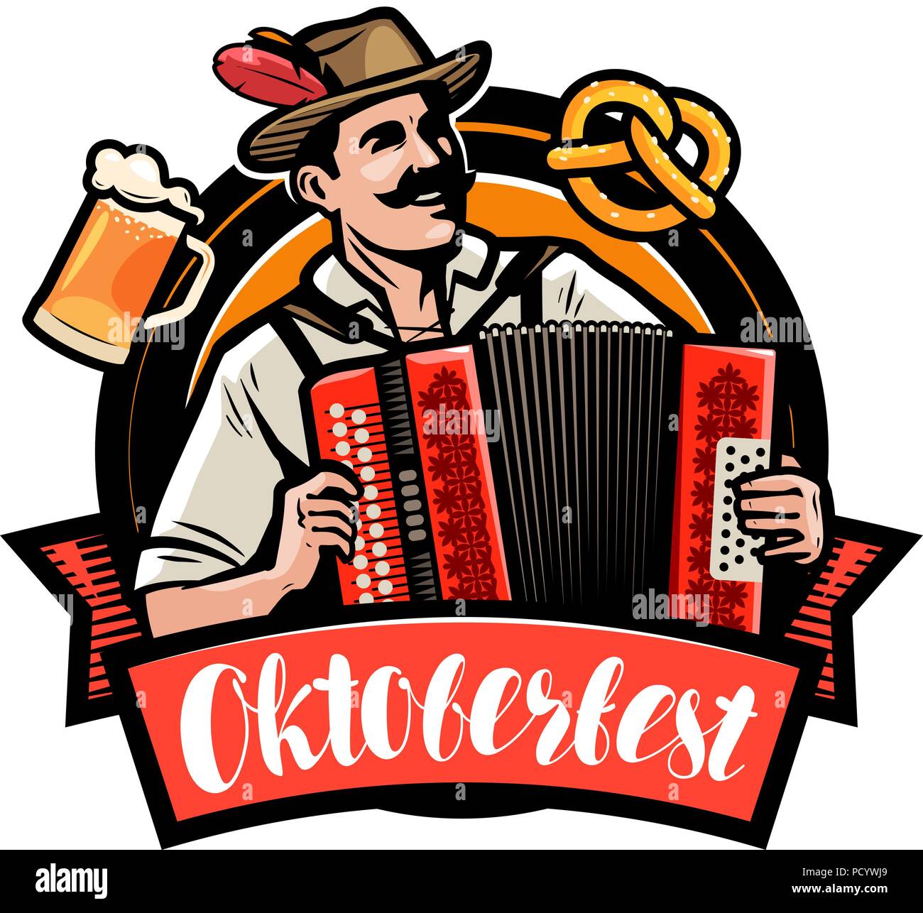 Oktoberfest, festa della birra. Uomo felice suonando la fisarmonica. Fumetto illustrazione vettoriale Illustrazione Vettoriale