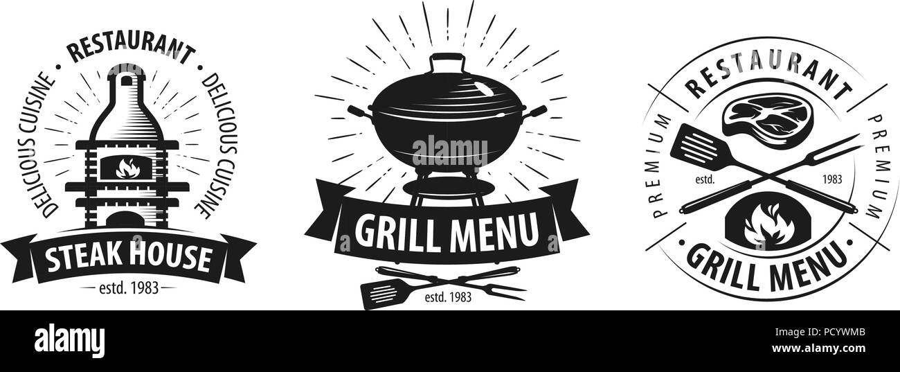 Barbecue Grill, logo o etichetta. Barbeque, emblema di kebab. Illustrazione Vettoriale Illustrazione Vettoriale