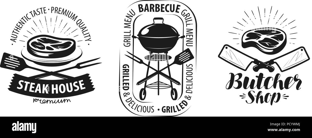 Barbecue, grill, butcher shop logo o etichetta. Concetto di alimentare il vettore Illustrazione Vettoriale