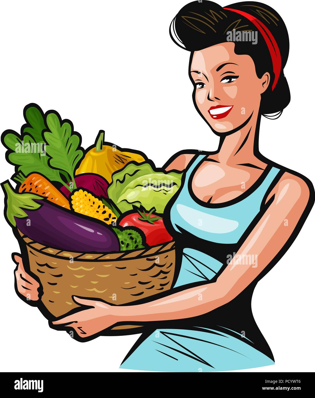 Bella ragazza tenendo un cesto pieno di verdure. Il cibo fresco, mangiare sano, il concetto di azienda agricola. Fumetto illustrazione vettoriale Illustrazione Vettoriale