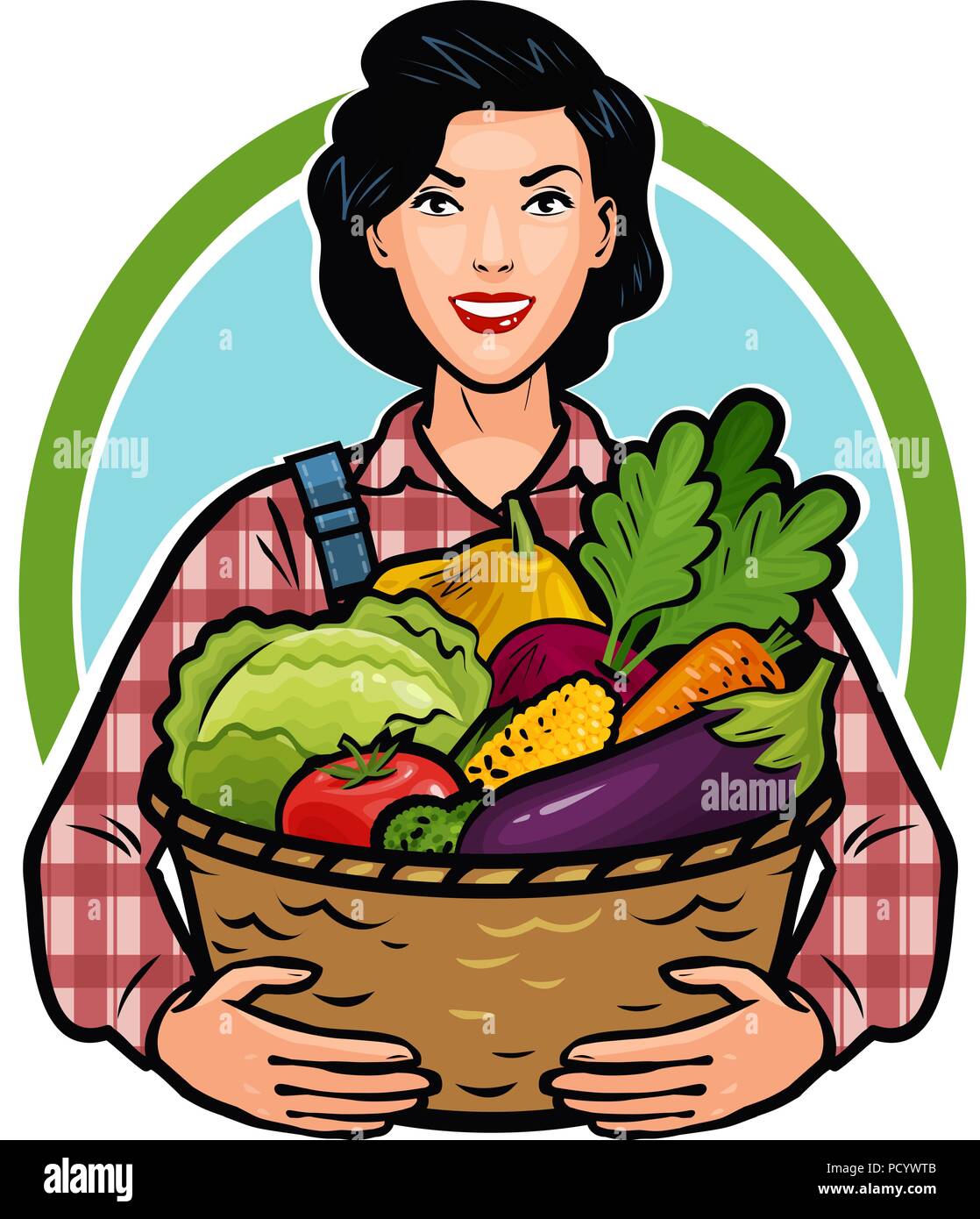 Ragazza o l'agricoltore che detiene un cesto pieno di verdure fresche. Cibo sano, agricoltura, concetto di fattoria. Fumetto illustrazione vettoriale Illustrazione Vettoriale