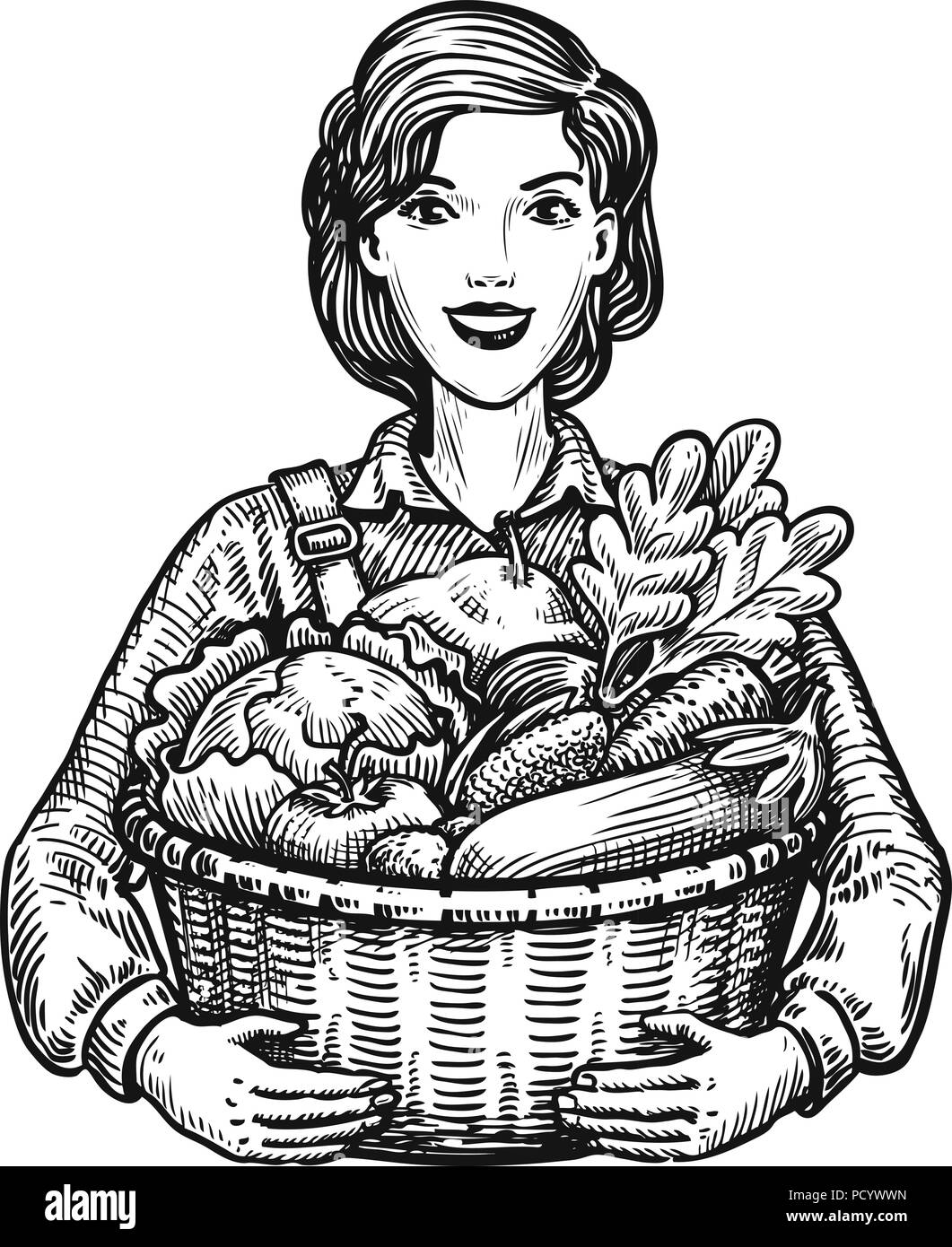Bella ragazza o felice l'agricoltore che detiene un cesto di vimini pieno di verdure. Agricoltura, orticoltura, il concetto di azienda agricola. Mano-bozzetto illustrazione vettoriale Illustrazione Vettoriale