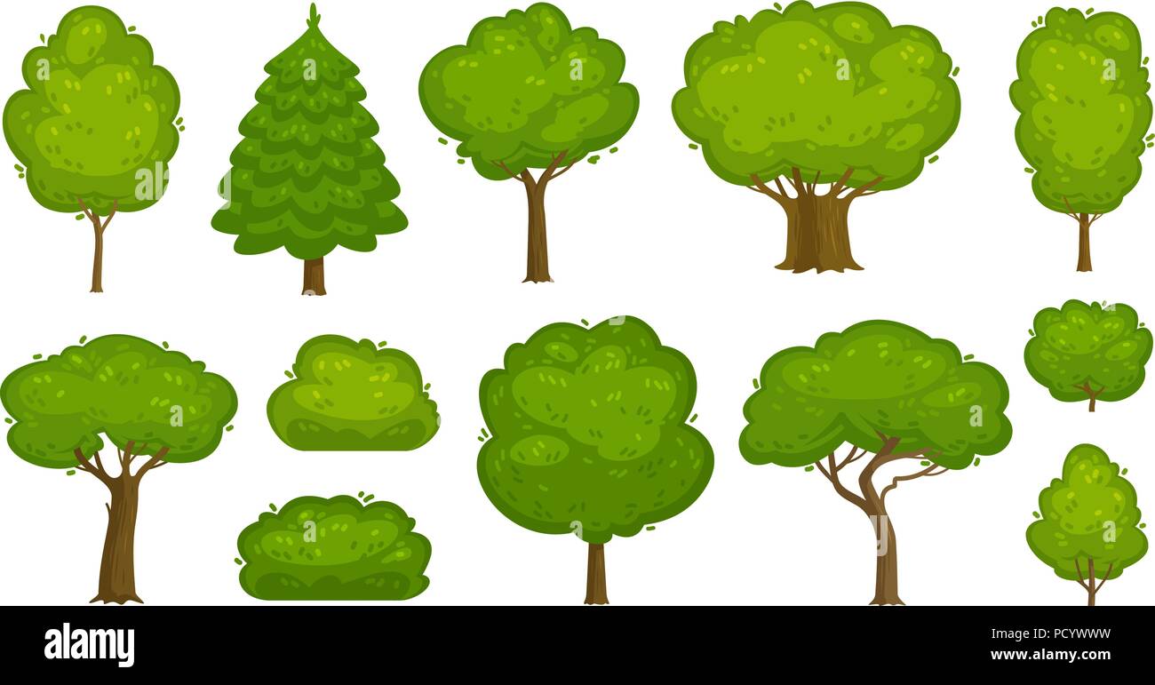 Alberi e cespugli set di icone. Foresta, natura, ambiente concetto. Fumetto illustrazione vettoriale Illustrazione Vettoriale