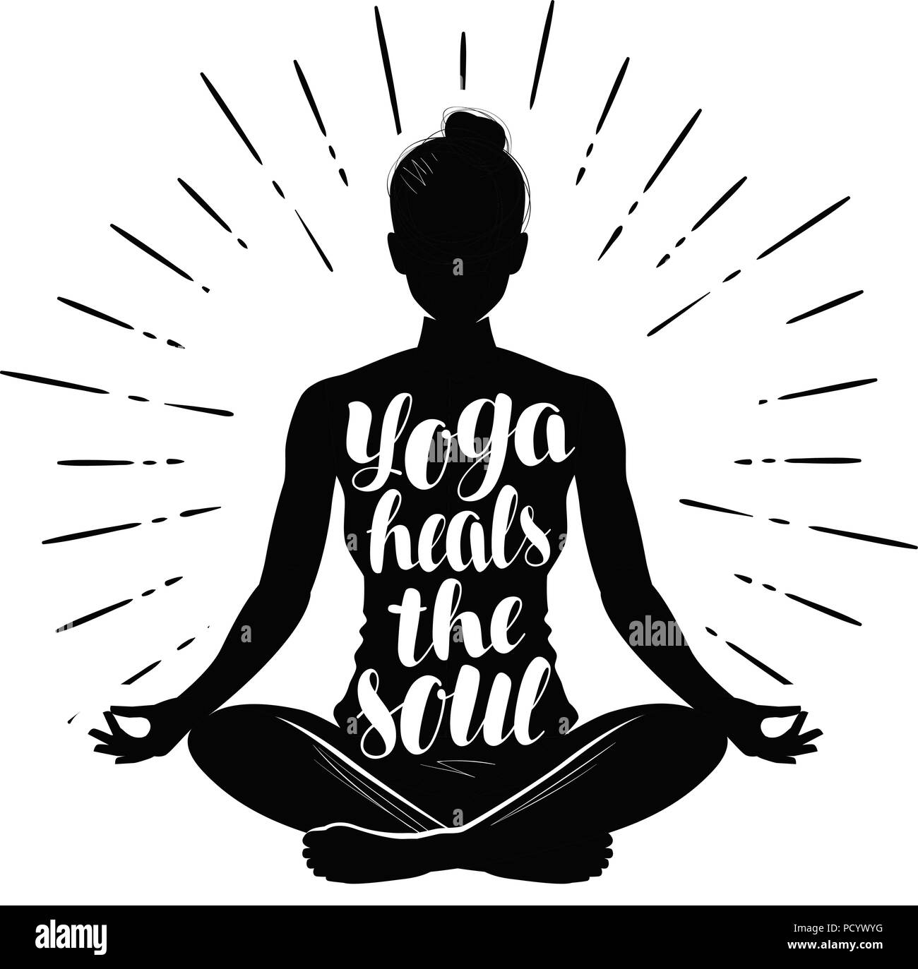 Lo Yoga. Ragazza meditando in lotus pongono. Tipografia design, illustrazione vettoriale Illustrazione Vettoriale