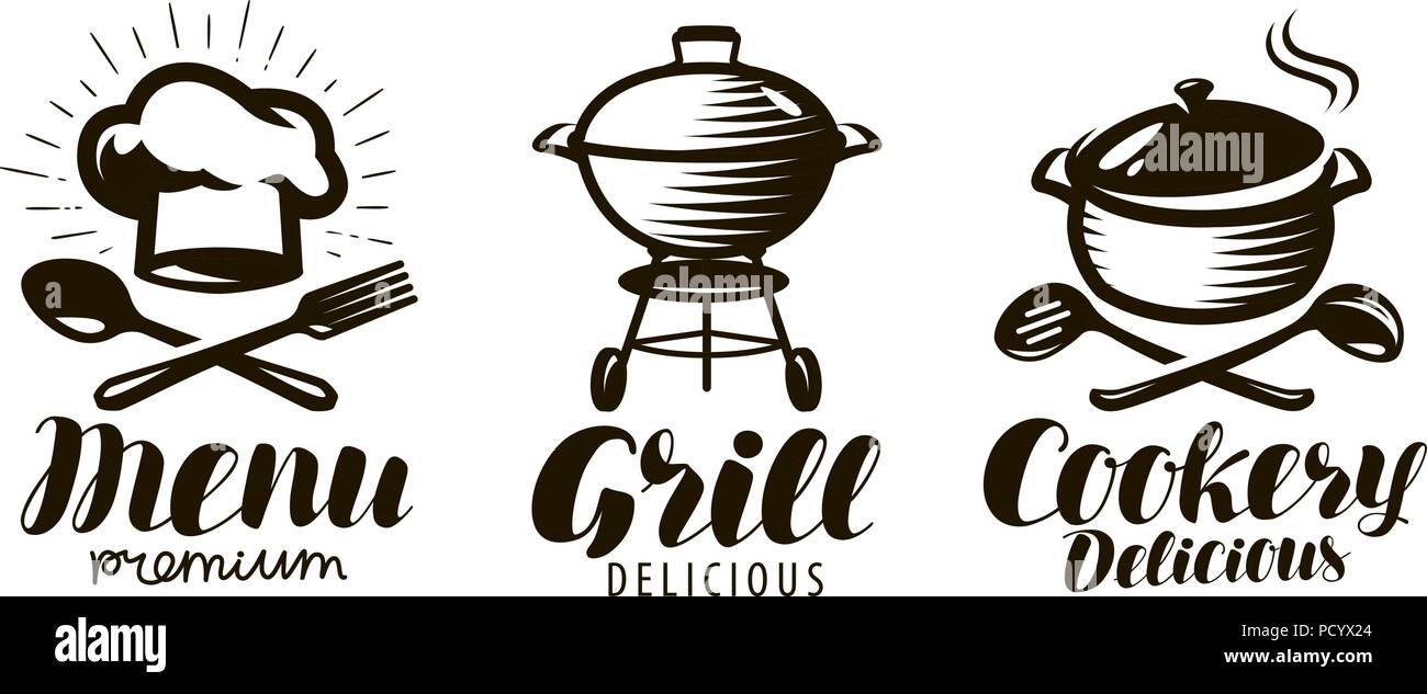 Cucina, grill, menu logo o etichetta. Concetto di cibo. Lettering illustrazione vettoriale Illustrazione Vettoriale