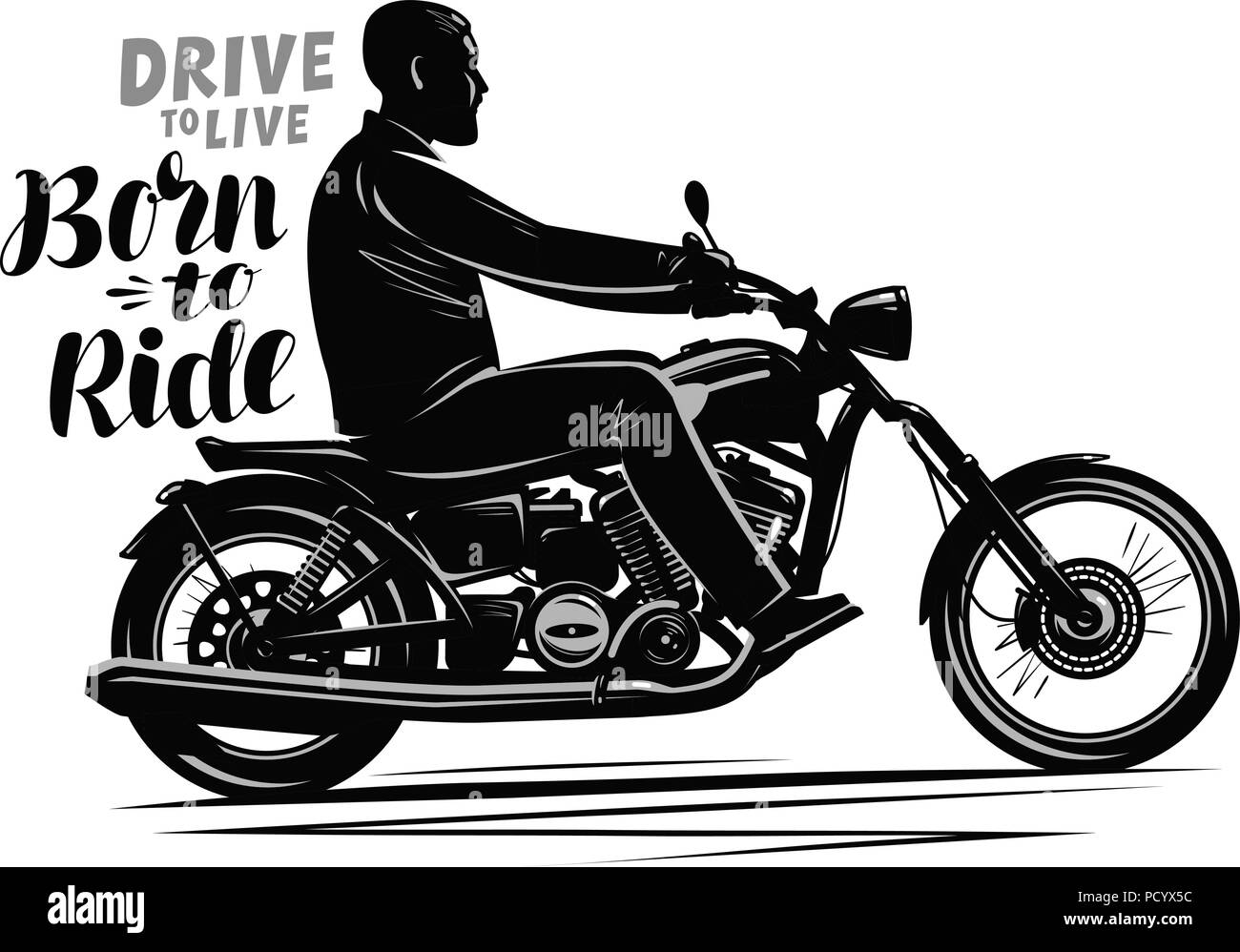 Biker in sella a una motocicletta. Moto, concetto del motore. Disegno tipografica, illustrazione vettoriale Illustrazione Vettoriale