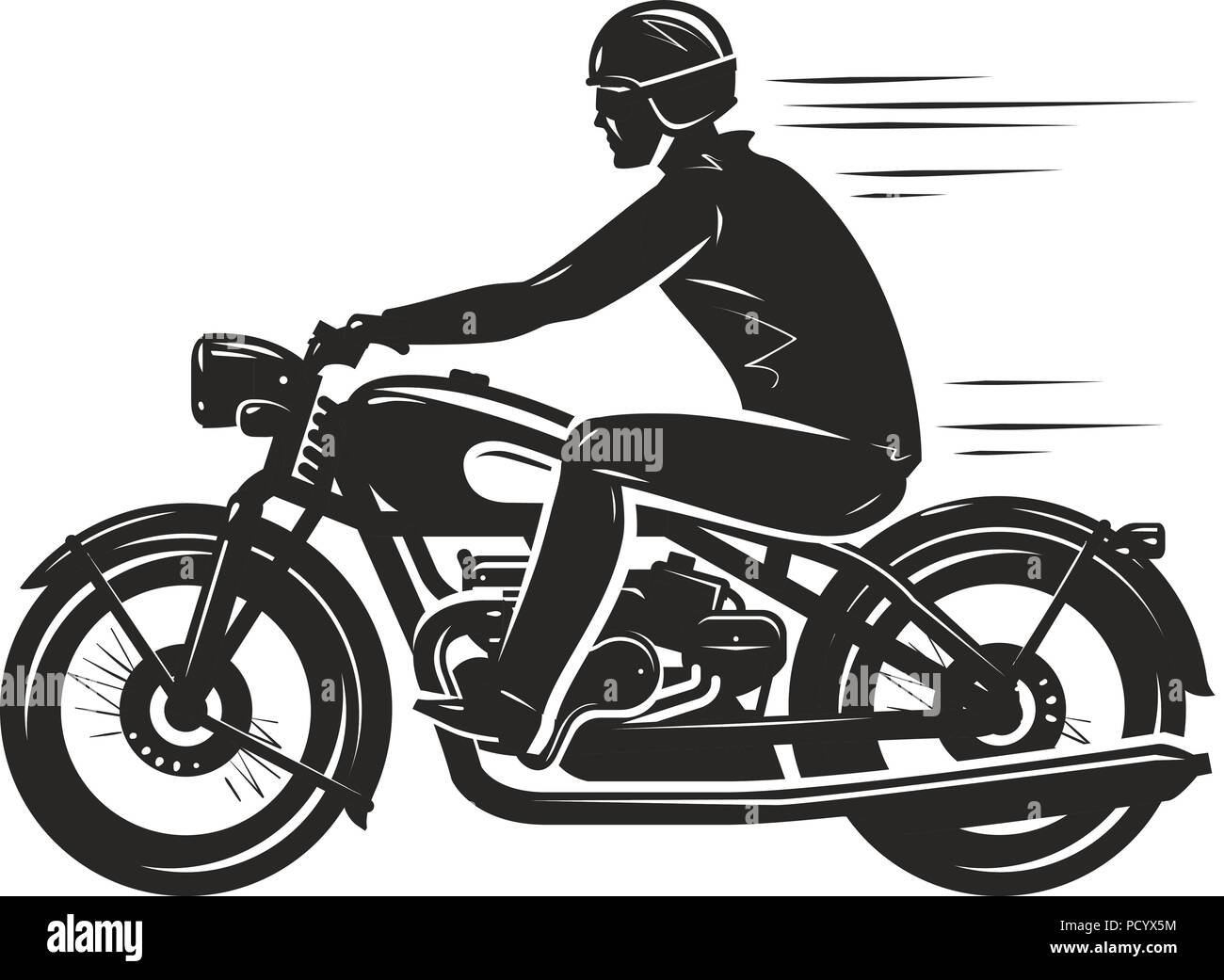 Biker cavalca un motociclo retrò, silhouette. Motorsport, moto concetto. Illustrazione Vettoriale Illustrazione Vettoriale