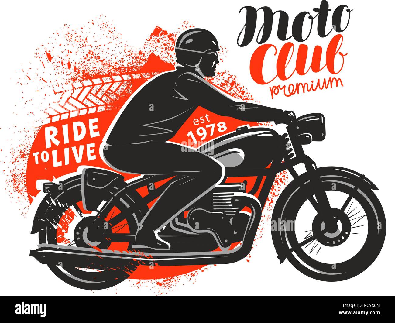 Motor club, banner o poster. Biker cavalca un motociclo retrò. Illustrazione Vettoriale Illustrazione Vettoriale