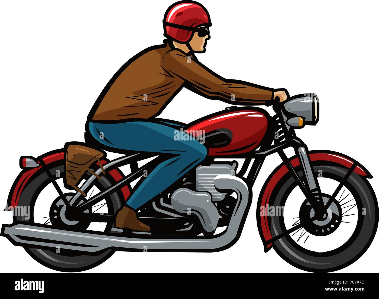 Biker in sella a una motocicletta. Fumetto illustrazione vettoriale Illustrazione Vettoriale
