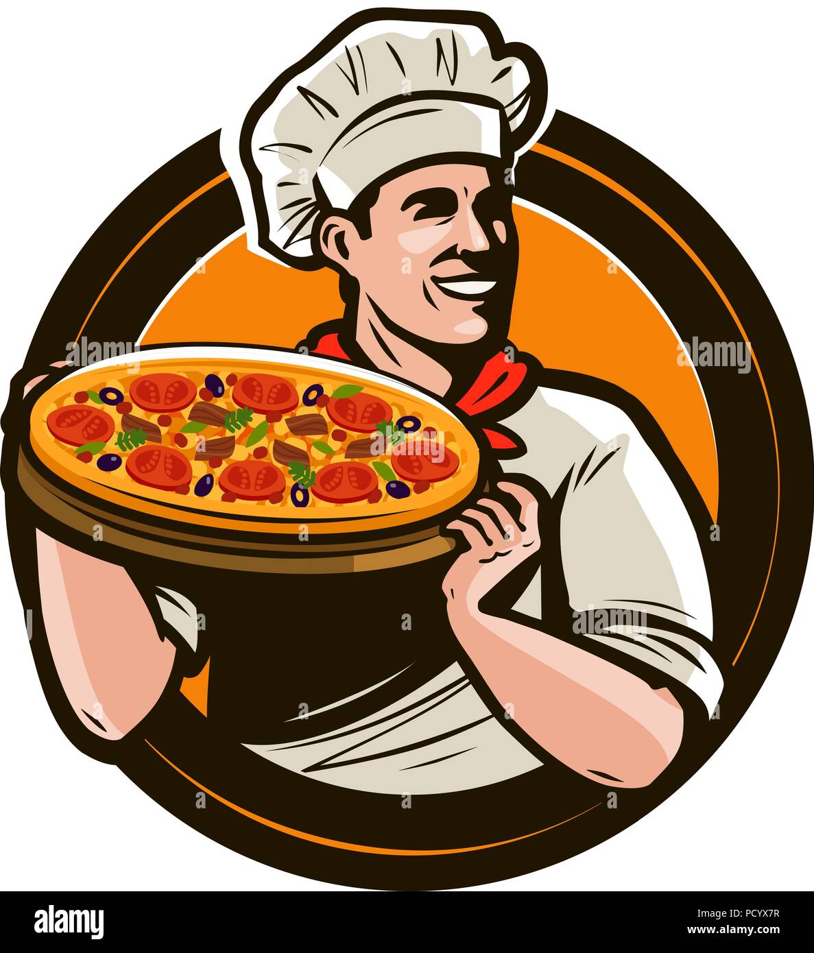Lo Chef tenendo un vassoio di pizza. Il fast food, ristorante e pizzeria logo. Illustrazione Vettoriale Illustrazione Vettoriale