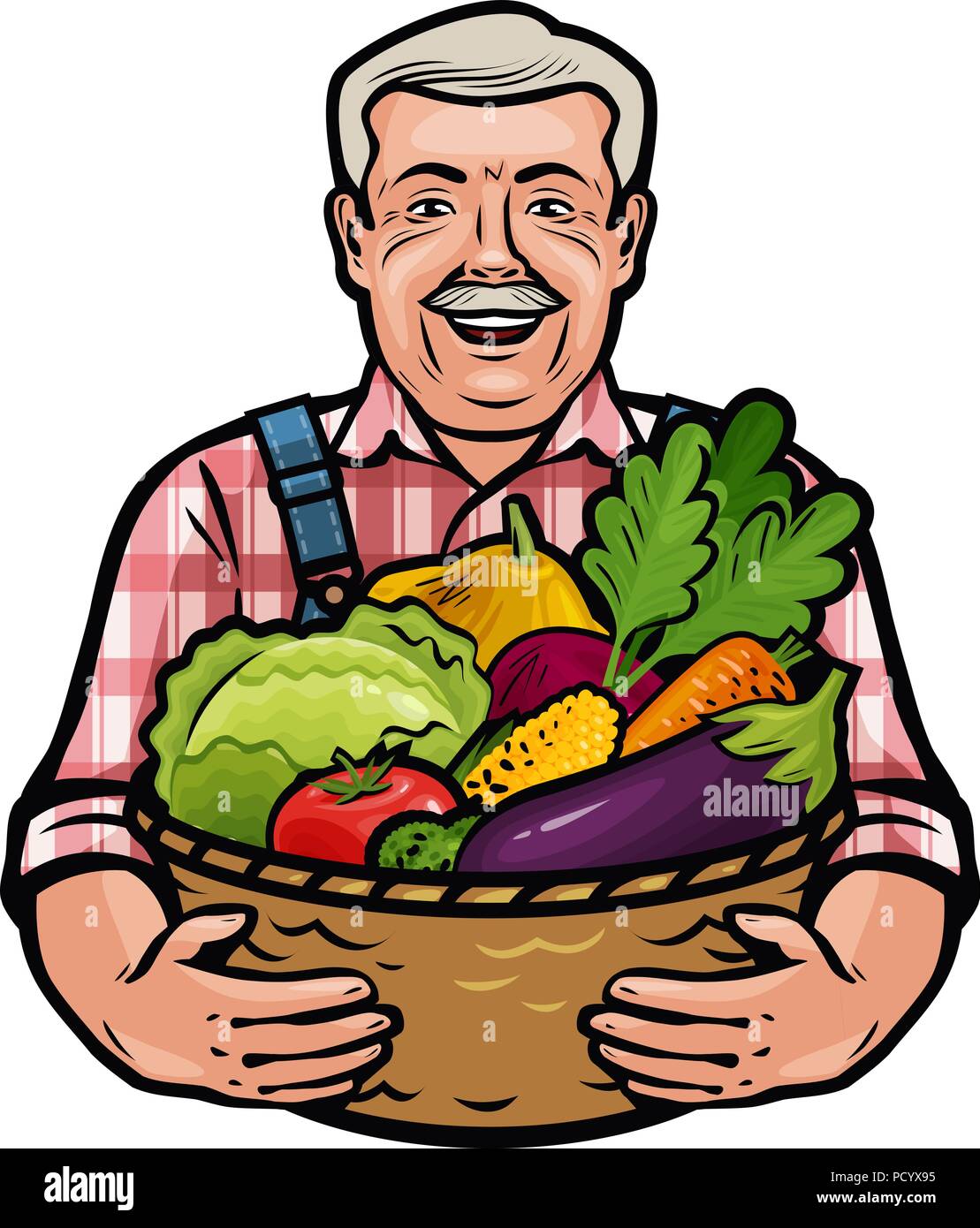 Felice l'agricoltore che detiene un cesto di vimini pieno di verdure fresche. Agriturismo, agricoltura, orticoltura concetto. Fumetto illustrazione vettoriale Illustrazione Vettoriale