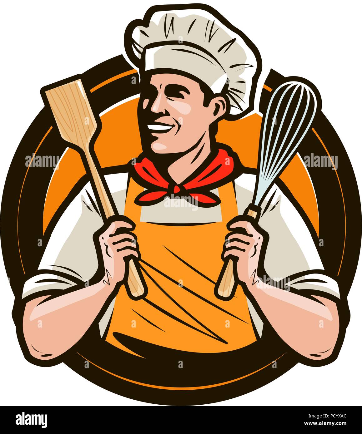 Panificio, bakeshop logo o etichetta. Happy Cook detiene una pala e una frusta nelle mani. Illustrazione Vettoriale Illustrazione Vettoriale