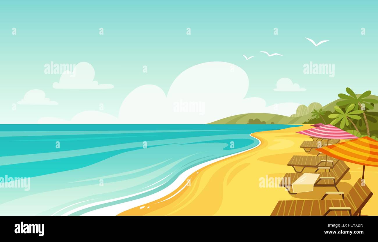 Spiaggia del mare e sedie a sdraio. Seascape, vacanze banner. Fumetto illustrazione vettoriale Illustrazione Vettoriale