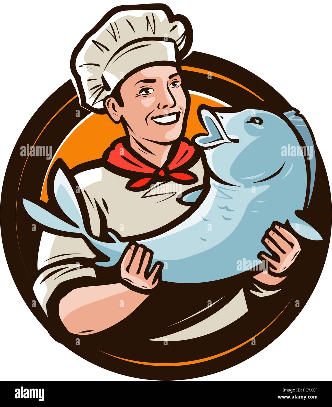 Allegro cook con il pesce. Pesce e frutti di mare, il logo food o etichetta. Fumetto illustrazione vettoriale Illustrazione Vettoriale