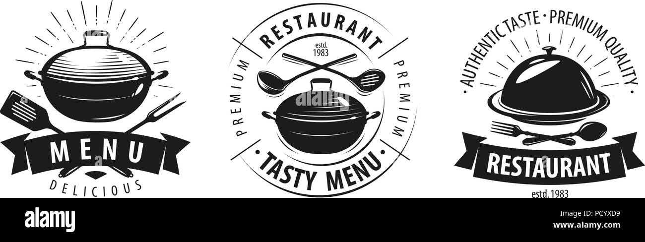 Ristorante, cafe logo o etichetta. Emblemi per Progettazione menu. Illustrazione Vettoriale Illustrazione Vettoriale