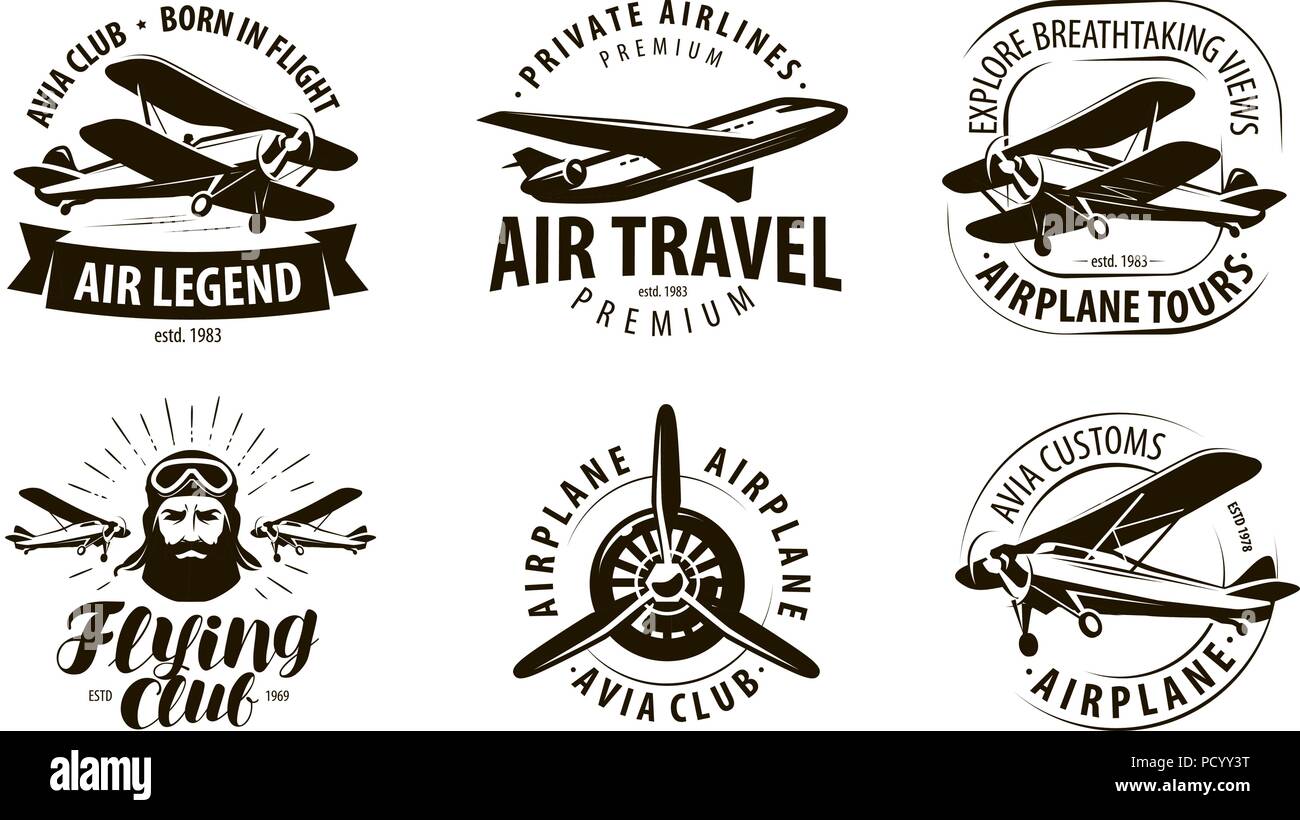 Aeromobili, aereo o logo etichetta. flying club, compagnie aeree icon set. disegno tipografica illustrazione vettoriale Illustrazione Vettoriale