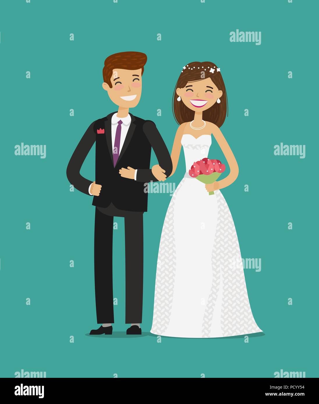 Happy sposi novelli o della sposa e lo sposo. Cartoon nozze illustrazione vettoriale Illustrazione Vettoriale
