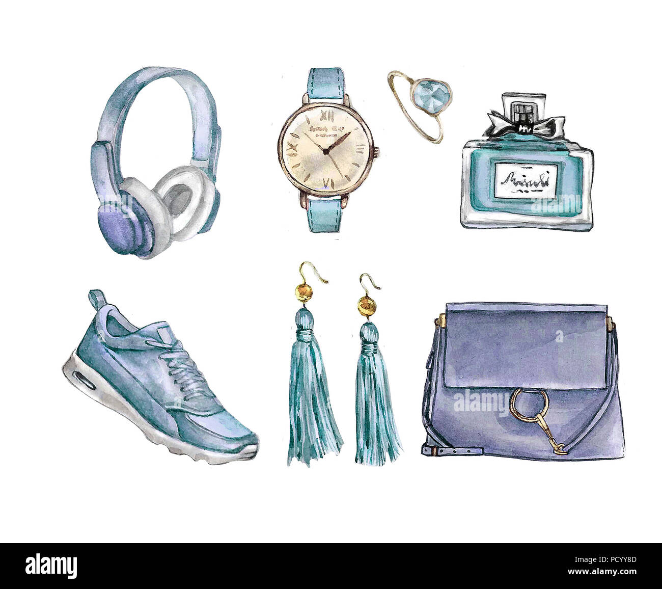 Acquerelli di moda. Set di accessori alla moda. Borsa, orecchini, orologi, sneakers, profumo,l'anello. Disegnata a mano illustrazione. Foto Stock