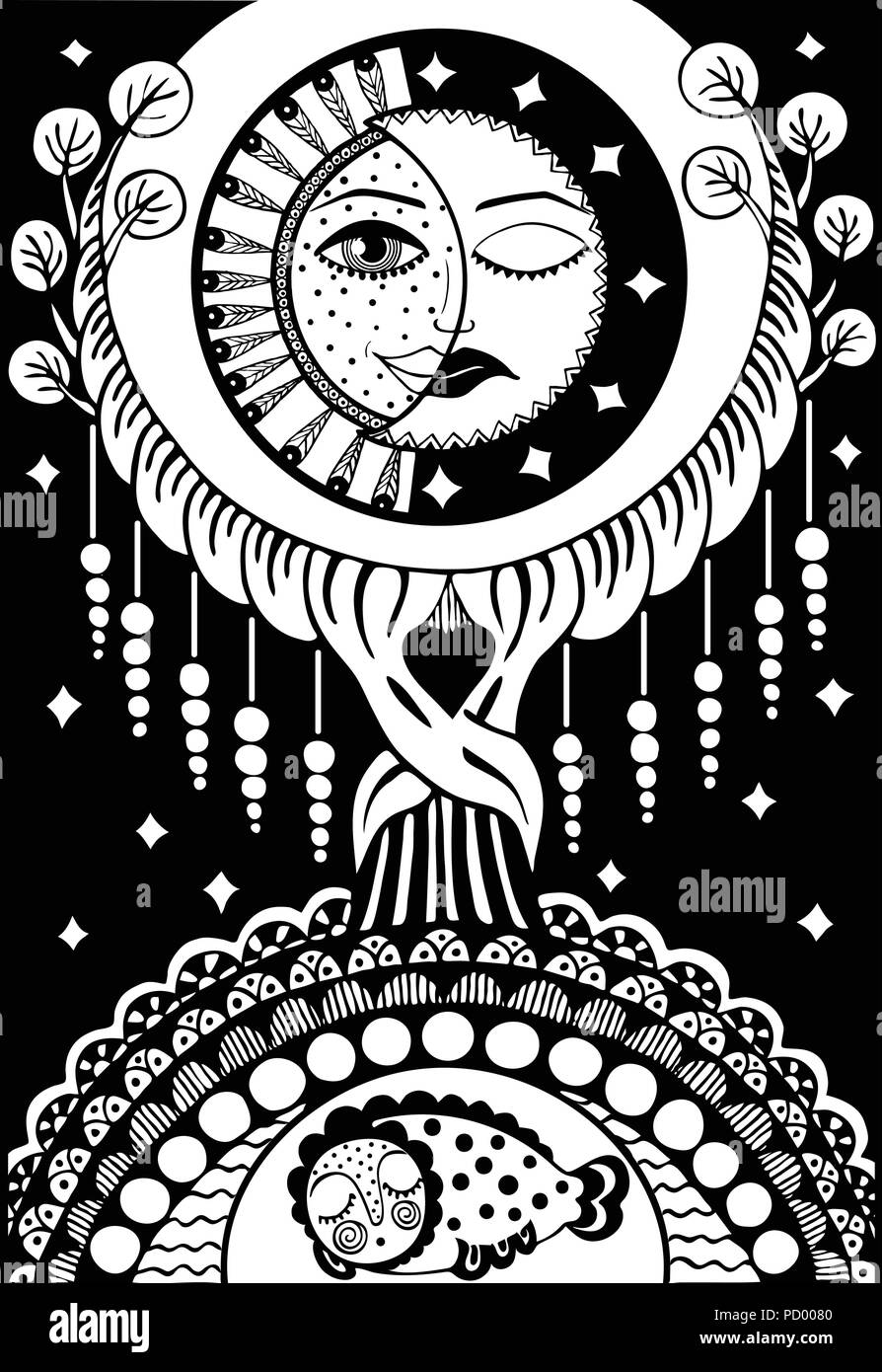 Foresta Magica. Sun, mese, pesce, albero, stelle. vettore Illustrazione Vettoriale