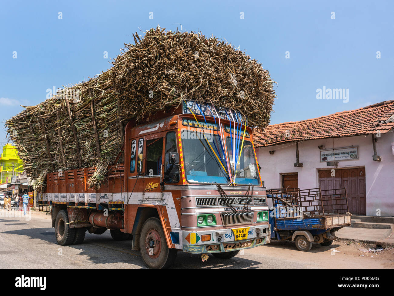 Katnalhantha, Karnataka, India - 1 Novembre 2013: Orange grande carrello Ashok-Leyland fortemente sovraccaricato marrone con canna da zucchero culmi passeggiate attraverso i Foto Stock