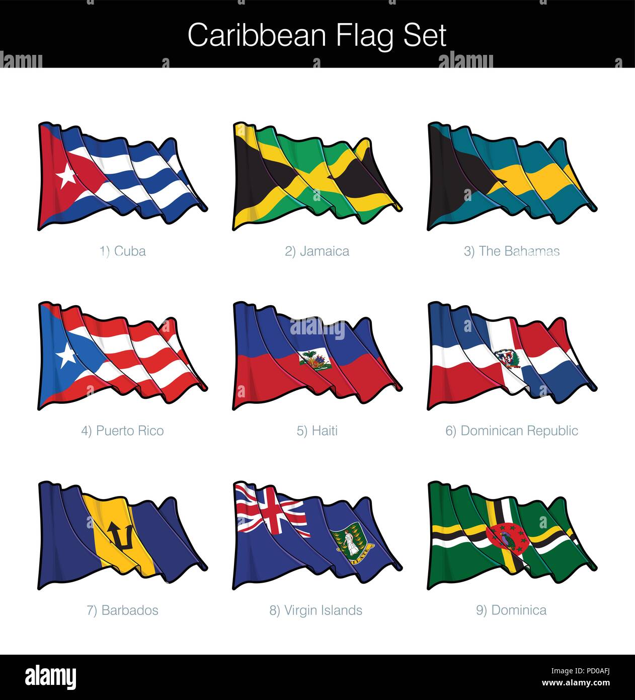 Caraibi sventola Bandiera Set. Il set include le bandiere di Cuba, Giamaica, Bahamas, Puerto Rico, Haiti, Repubblica Dominicana, Barbados, British Virgin Illustrazione Vettoriale