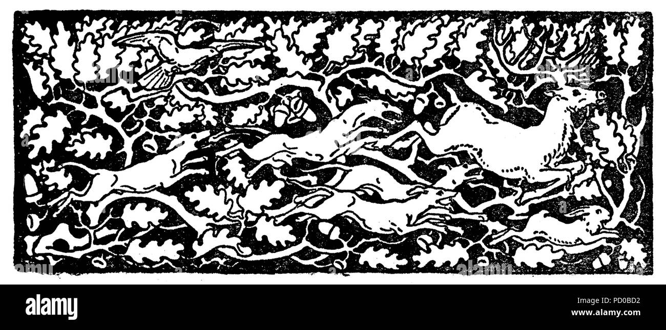 Decorativo tipografiche stile art deco confine della scena di caccia inizio '900: natura vignette incorniciate con cani stilizzati caccia un cervo come banner, border, template, etichetta e decorazione del capitolo Foto Stock