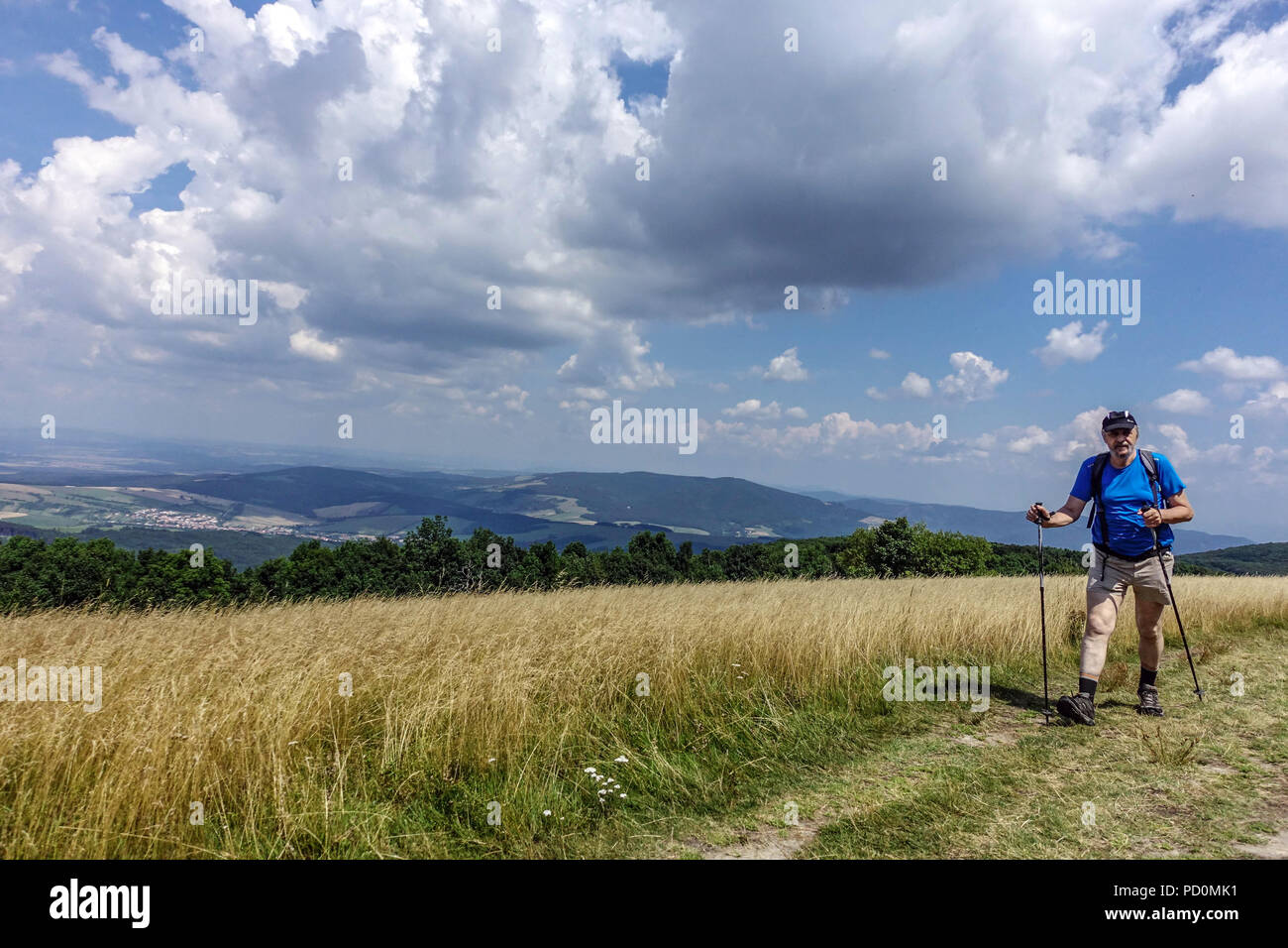 Anziano, anziano con pali di Nordic Walking sul sentiero di montagna, Velka Javorina, confine ceco con la Slovacchia, montagna Carpazi bianchi Foto Stock