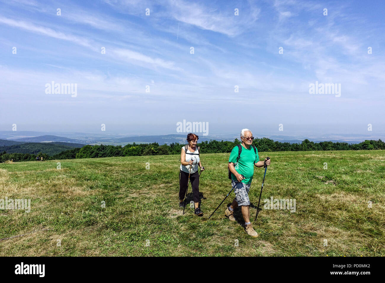 Una coppia di anziani e gli anziani con il Nordic Walking su un sentiero di montagna, Velka Javorina, Ceca confine slovacco, Bianco Carpazi Foto Stock