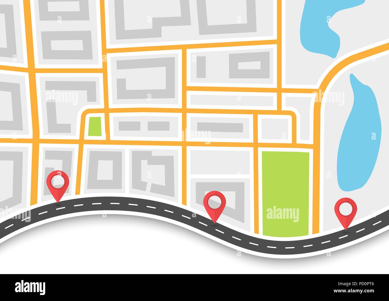 Viaggio su strada e il cammino percorso. Winding Road sulla mappa sfondo con Pin puntatori. Abstract navigazione GPS banner. EPS vettoriali 10 Illustrazione Vettoriale
