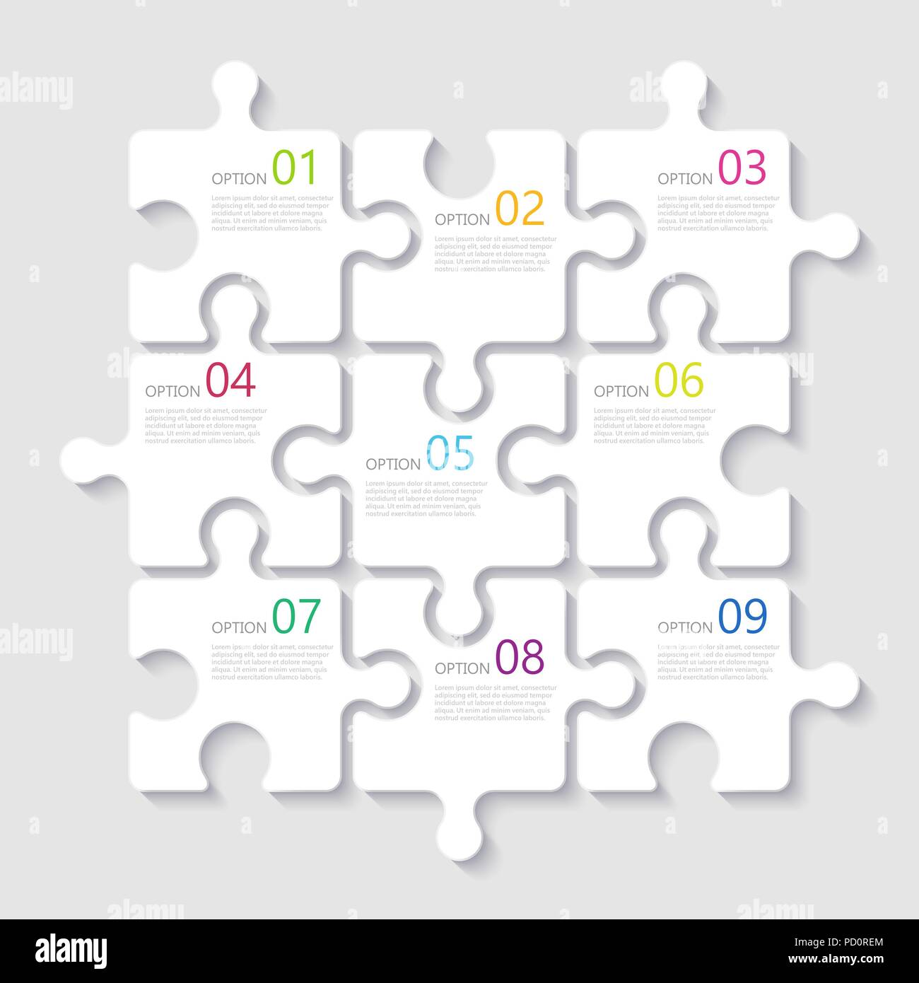 Abstract moderno 3D puzzle modello infografico con nove passaggi opzioni. Il concetto di Business modello grafico. EPS vettoriali 10 Illustrazione Vettoriale