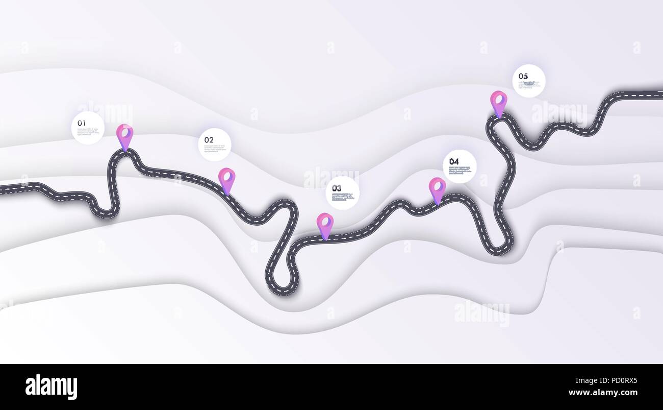 Mappa stradale infographics modello. Strada tortuosa timeline illustrazione. Il viaggio e il cammino percorso banner creativi. EPS vettoriali 10 Illustrazione Vettoriale