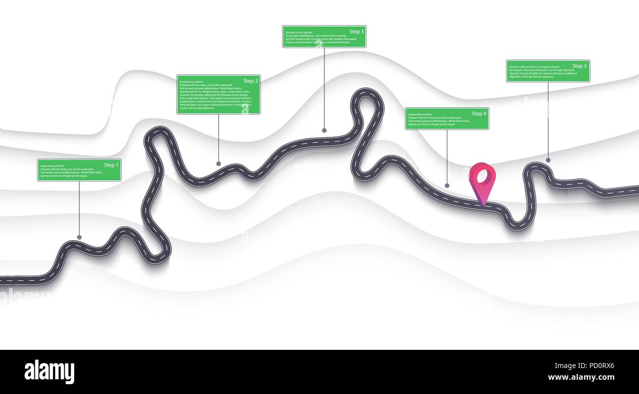 Mappa stradale infographics modello. Strada tortuosa timeline illustrazione. Il viaggio e il cammino percorso banner creativi. EPS vettoriali 10 Illustrazione Vettoriale