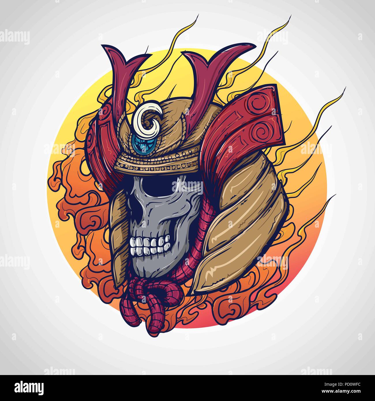 Samurai Warrior skull tattoo design, illustrazione vettoriale. Illustrazione Vettoriale