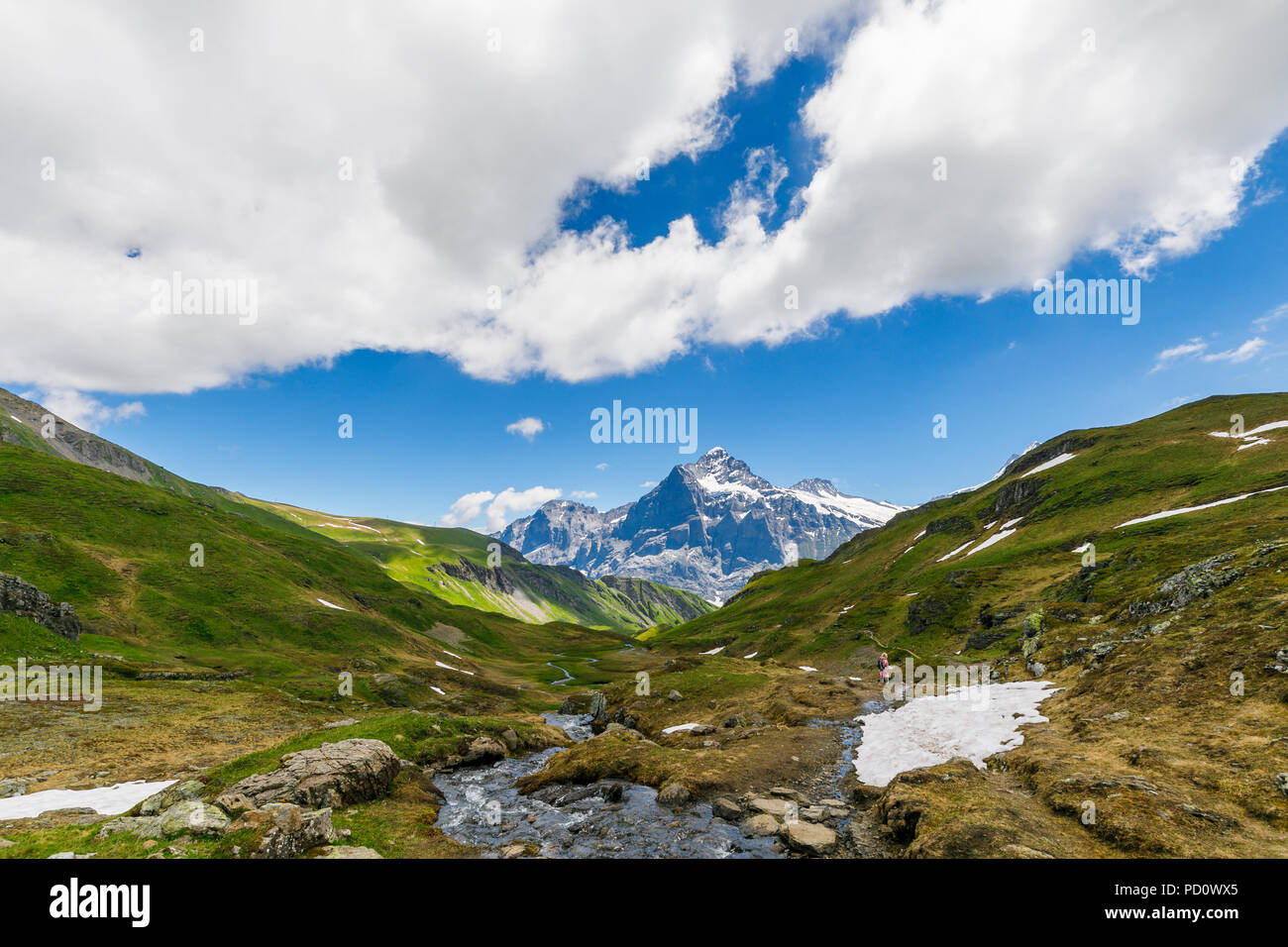 Vista su un chiaro ruscello di montagna verso l'Eiger da Bachalpsee, Grindelwald-First area, regione di Jungfrau dell Oberland Bernese, Alpi, Svizzera Foto Stock