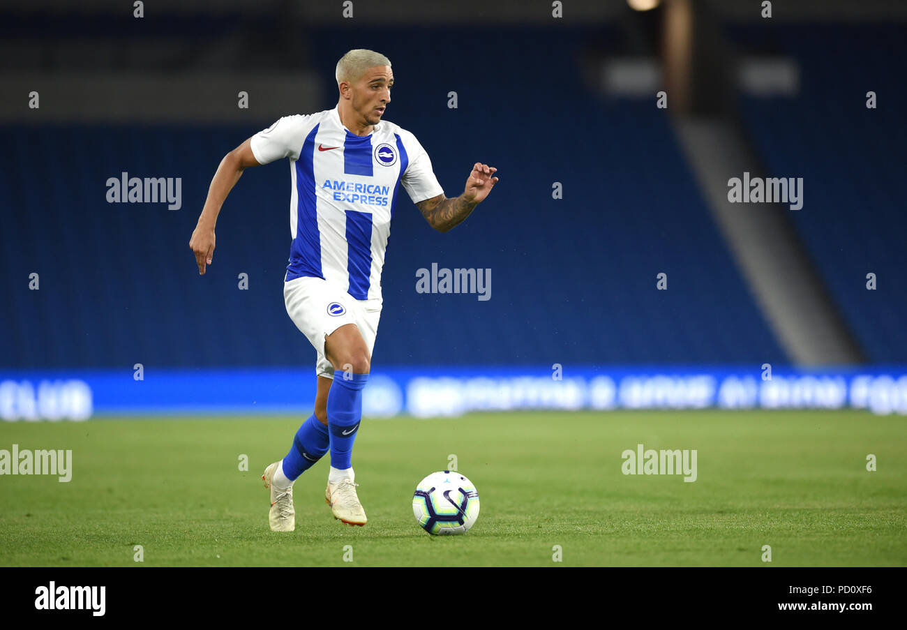 Brighton Regno Unito il 3 agosto 2018 - Anthony Knockaert di Brighton durante la pre-stagione amichevole partita di calcio tra Brighton e Hove Albion e Nantes presso la American Express Community Stadium Foto Stock